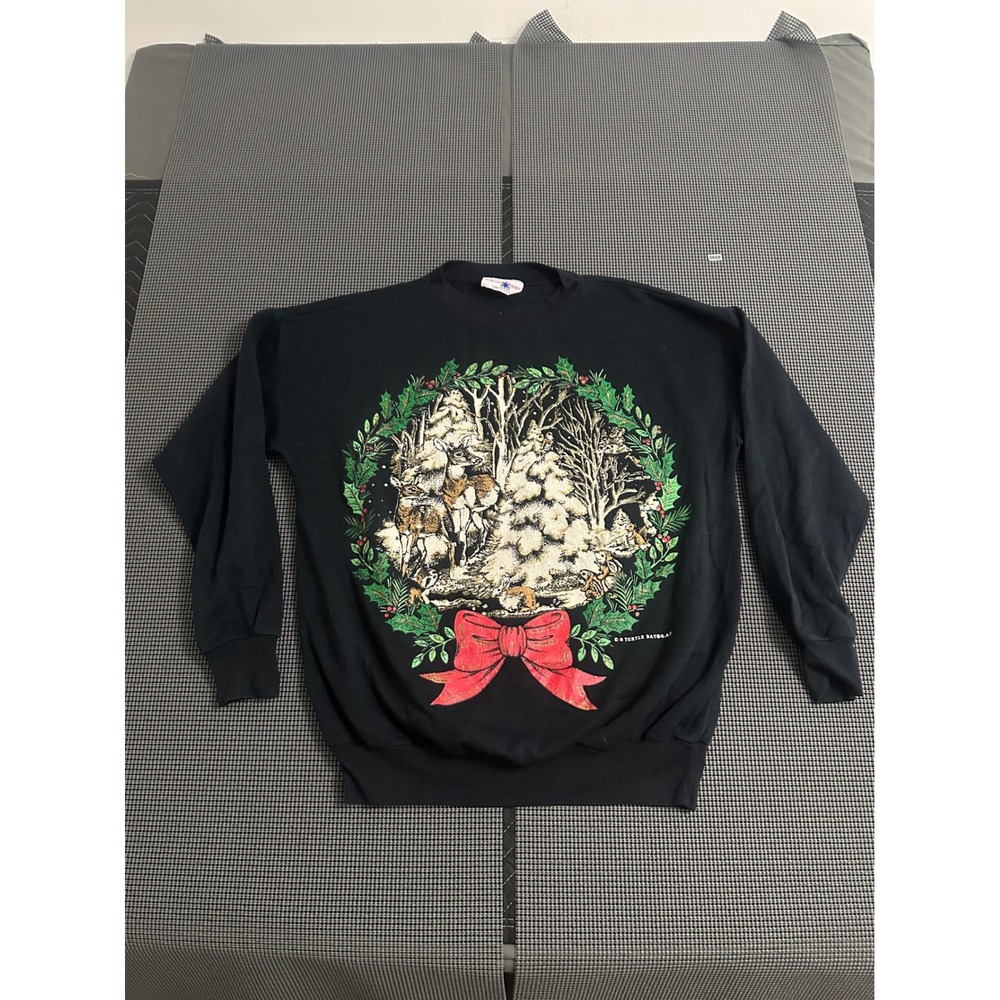 Vintage Turtle Bay Mens Christmas Wreath Deer Sweatshirt Black Crewneck USA Made